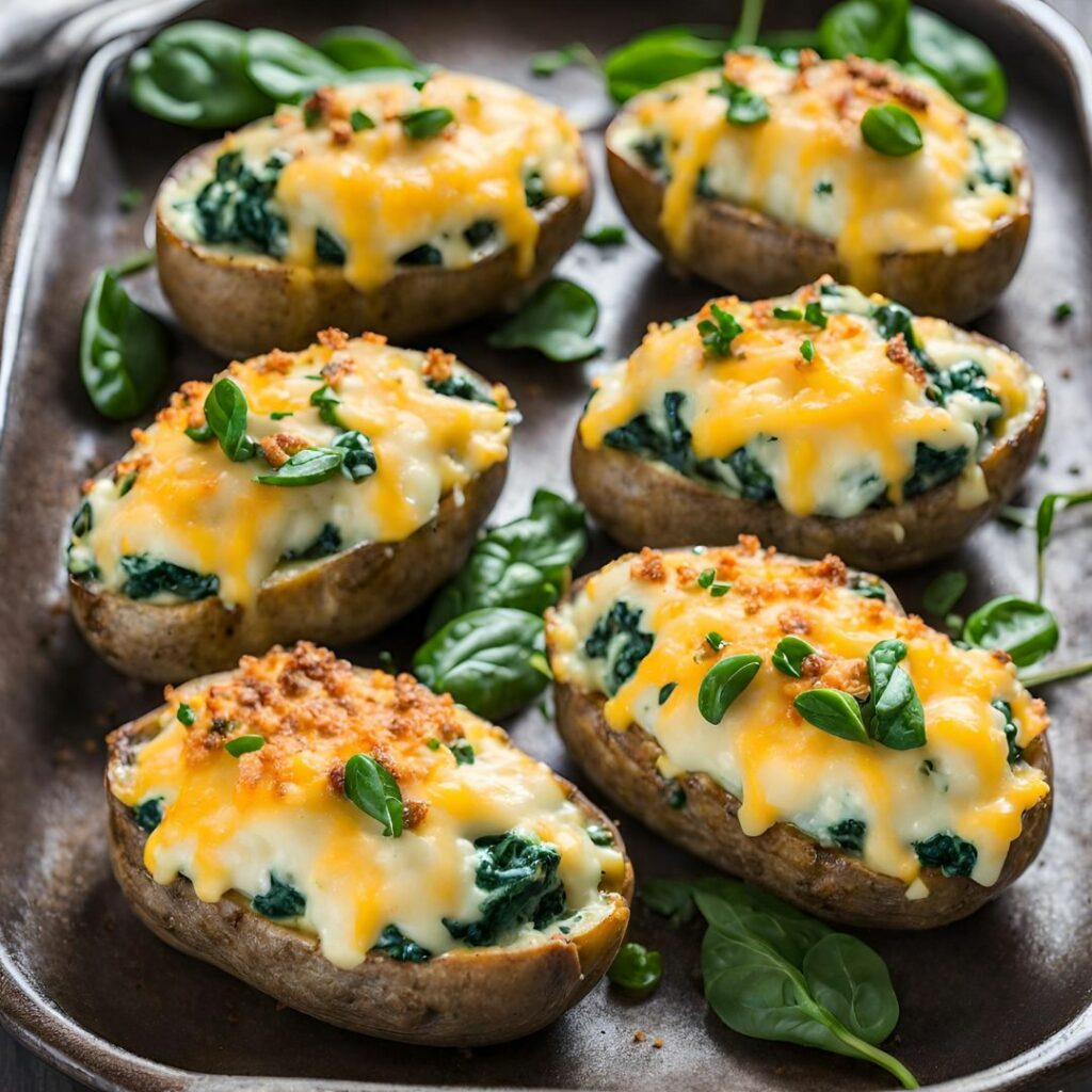 Double Baked Cheesy Spinach And Bacon Optional Stuffed Potatoes With A Crispy Cheddar Crown