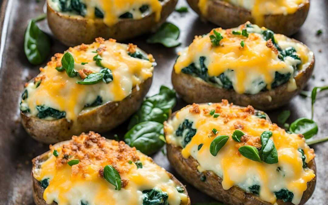 Double Baked Cheesy Spinach and Bacon (optional) Stuffed Potatoes with a Crispy Cheddar Crown