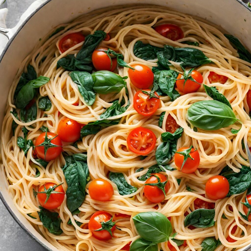 Quick Easy One Pot Pasta Recipe Tomatoes Basil Spinach Delight