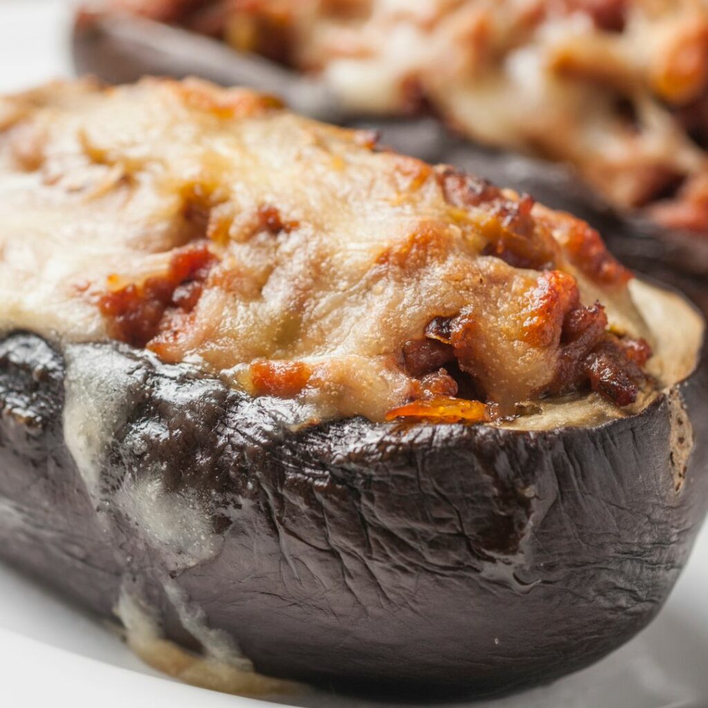 Stuffed Aubergine Eggplant With Quinoa And Caramelized Onion