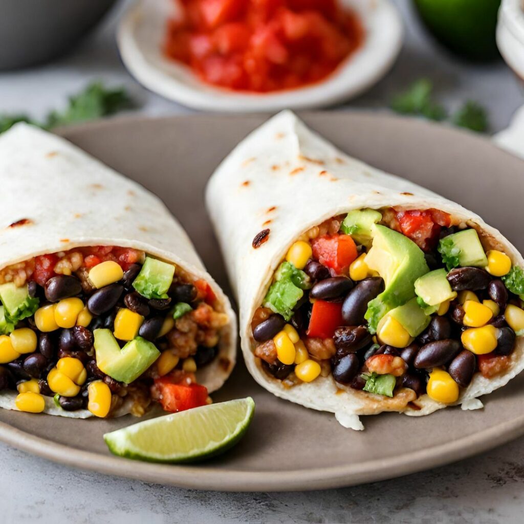 Veggie Burritos Stuffed With Rice Black Beans Veggies Avocados And Salsa