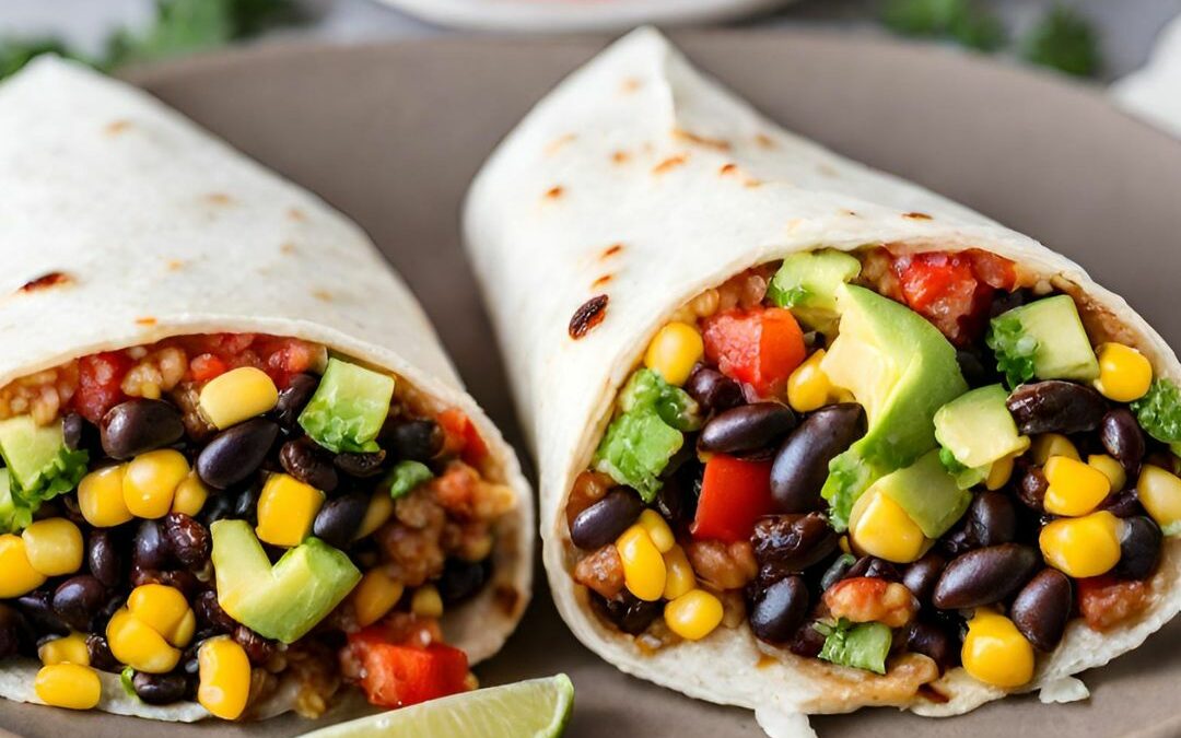 Veggie Burritos Stuffed with Rice, Black Beans, Veggies Avocados and Salsa