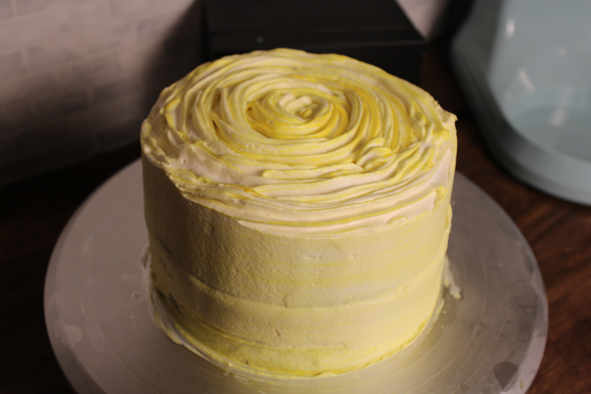 Liza's Meyer lemon layer cake with whipped lemon frosting, made with lemons from her micro-farm